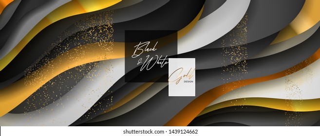 Luxury paper cut background, Abstract decoration, golden pattern, halftone gradients, 3d Vector illustration. Black, white, blue, gold waves Cover template, geometric shapes, modern minimal banner. 