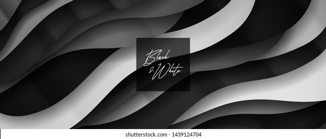 Luxury paper cut background, Abstract decoration, pattern, halftone gradients, 3d Vector illustration. Black, white  waves Cover template, geometric shapes, modern minimal banner. 