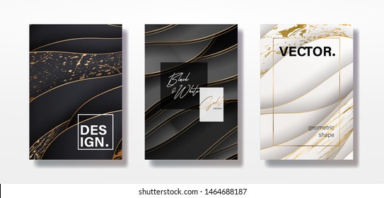 Luxury paper cut background, Abstract decoration, golden pattern, halftone gradients, 3d Vector illustration. Black, white, blue, gold waves Cover template, geometric shapes, modern minimal banner.