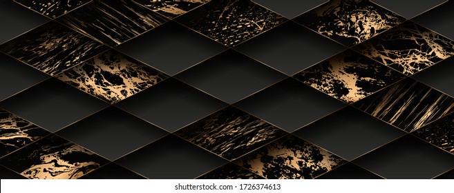 Luxury paper cut background, Abstract decoration, golden pattern, halftone gradients, 3d Vector illustration. Black, white, blue, gold waves Cover template, geometric shapes, modern minimal banner.