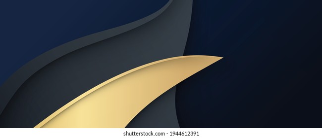 Luxury paper cut background, Abstract decoration, golden pattern, gold gradients, 3d Vector illustration. Black, dark blue, gold waves Cover template, geometric shapes, modern minimal banner