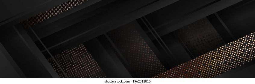 Luxury paper cut background, Abstract golden pattern, halftone gradients, 3d Vector illustration. Black, white, gold lines, waves cover template, geometric shapes, modern minimalist banner.