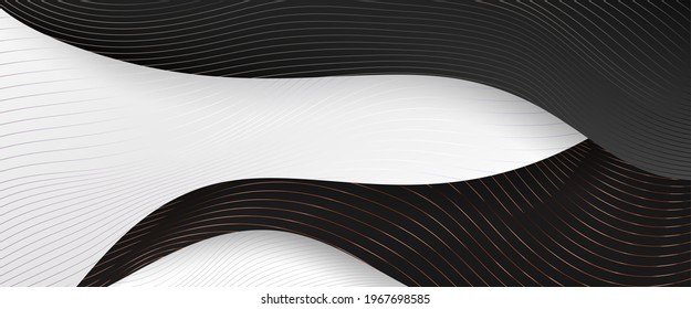 Luxury paper cut background, Abstract line decoration, golden pattern, halftone gradients, 3d Vector illustration. Black, white, gold waves Cover template, geometric shapes, modern minimal banner