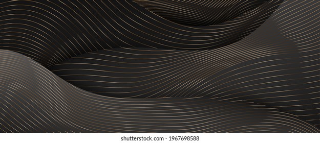 Luxury paper cut background, Abstract line decoration, golden pattern, halftone gradients, 3d Vector illustration. Black, white, gold waves Cover template, geometric shapes, modern minimal banner