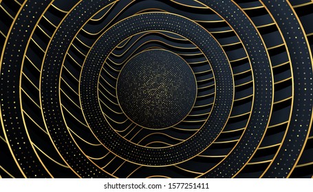 Luxury paper cut backgrounds with golden line and halftone gradients Vector illustration. Black, dark blue, and gold Cover template, modern minimal banner.