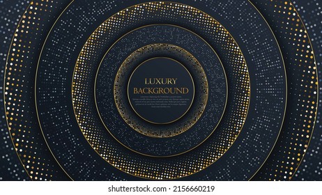 Lujosos fondos de papel cortado en círculo con línea dorada y gradientes de medio tono Ilustración vectorial. Plantilla de cubierta azul oscuro, banner mínimo moderno. ilustración vectorial
