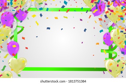 Luxury party balloons, confetti and gift boxes on  background. Party or birthday template 