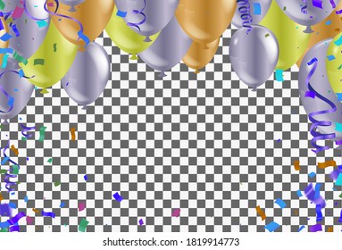 Luxury party balloons, confetti and gift boxes on  background. Party or birthday template 