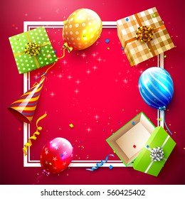 Luxury party balloons, confetti and gift boxes on red background. Party or birthday template