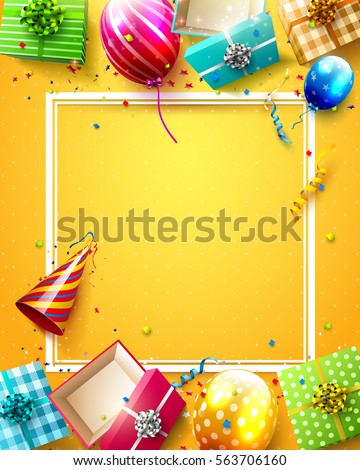 Luxury party balloons, confetti and gift boxes on orange background. Party or birthday template with place for your message