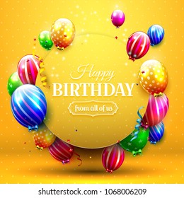 Luxury party balloons and confetti on orange background. Party or birthday invitation template