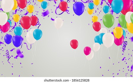 Luxury party balloons and confetti on orange background. Party or birthday invitation template
