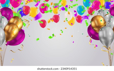 Luxury party balloons and confetti on orange background. Party or birthday invitation template