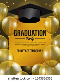 luxury party for celebrate graduation school and collage with flying transparent balloon with hat. Poster, banner, background, brochure, card. Vector illustration