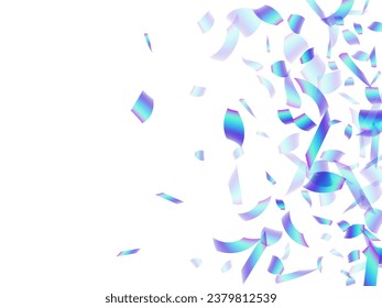 Luxury party confetti decoration vector illustration. Blue  hologram particles fiesta decor. Cracker poppers flying confetti. Prize event decor background. Top view sequins.
