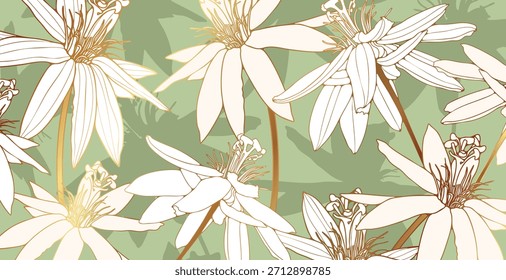 Luxury pasiflora flowers vector botanical green background for decor, wallpaper, wall decoration.