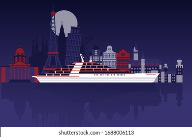 Luxury passenger boat, casino, gambling city, ship, flat vector illustration. Travel, trip around world, design web banner. Night water surface, seaside, urban shore, megapolis background.