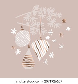 Luxury pastel colors Christmas baubles postcard template. Vector Xmas balls ornament for for card, invitation, print, package, web design.