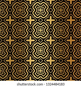 Luxury Pattern Of Abstract Geometric. Seamless Vector Illustration. For Design Greeting Cards, Backgrounds, Wallpaper, Interior Design. Tribal Ethnic Arabic, Fashion Decorative Ornament. Black gold.