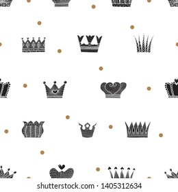 Luxury  pattern with black crowns and gold polka dots. Can be used for wallpaper, textile, invitation card, wrapping, web page background.
