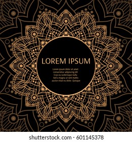 Luxury pattern frame. Gold black foil background design vector. Oriental indian mandala ornament for fashion print, art deco wedding, beauty salon, royal holiday party cards.