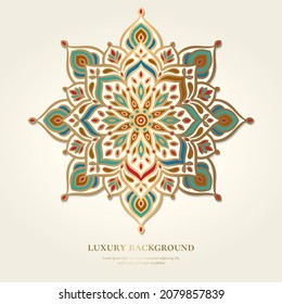 Decoración de lujo en un fondo beige. Plantilla de mandala vectorial. Elementos de diseño dorados. Motivos tradicionales turcos e indios. Ideal para tejidos y textiles, papel pintado, embalaje o cualquier idea deseada.