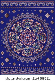 Lujo en un fondo azul. Plantilla de mandala vectorial. Elementos de diseño dorados. Motivos tradicionales turcos e indios. Ideal para tejidos y textiles, papel pintado, embalaje o cualquier idea deseada.
