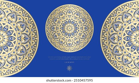 Luxury pattern on a blue background. Vector mandala template. Golden design elements. Traditional Turkish, Indian motifs. Great for fabric and textile, wallpaper, packaging or any desired idea.