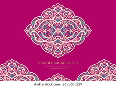 Patrón de lujo sobre un fondo magenta. Vector mandala Plantilla. Elementos de diseño dorados. Motivos tradicionales turcos e indios. Ideal para la tela y la materia textil, el Fondo de pantalla, el embalaje o cualquier idea deseada.