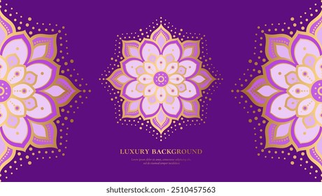 Patrón de lujo sobre un fondo púrpura. Vector mandala Plantilla. Elementos de diseño dorados. Motivos tradicionales turcos e indios. Ideal para la tela y la materia textil, el Fondo de pantalla, el embalaje o cualquier idea deseada.