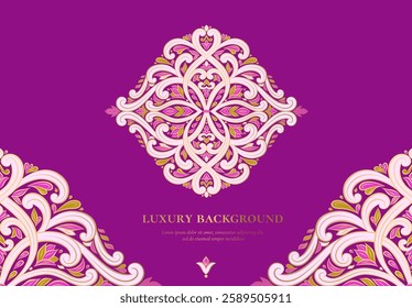 Luxury pattern on a purple background. Vector mandala template. Golden design elements. Traditional Turkish, Indian motifs. Great for fabric and textile, wallpaper, packaging or any desired idea.