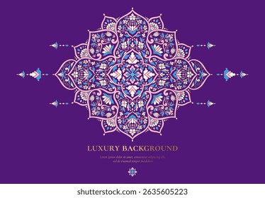Luxus-Muster auf violettem Hintergrund. Vektor Mandala Vorlage. Goldene Designelemente. Traditionelle türkische, indische Motive. Ideal für Stoff und Textilien, Tapeten, Verpackungen oder jede gewünschte Idee.