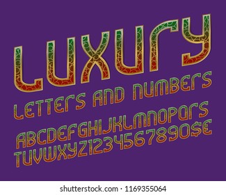 Luxury patterned letters, numbers and currency signs. Golden ornament with gradient colored symbols vintage font.