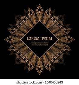 Luxury peacock feather pattern vector frame. Oriental lotus mandala royal label. Floral design for beauty spa salon flyer, yoga studio tag, wedding party invitation, Ramadan, save the date card.