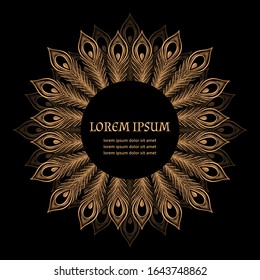 Luxury peacock feather pattern vector frame. Oriental lotus mandala royal label. Eastern design for beauty spa salon flyer, yoga studio tag, wedding party invitation, Ramadan, save the date card.