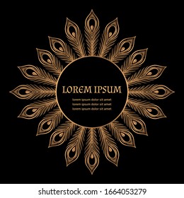 Luxury peacock feather pattern vector frame. Oriental lotus mandala royal label. Elegant design for beauty spa salon flyer, yoga studio tag, wedding party invitation, Ramadan, save the date card.