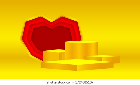 luxury pedestal gold 3d and red heart shape, gold pedestal circle box for cosmetics product display show, golden podium stage show for deluxe victory position, circle stand of product place decoration