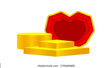 luxury pedestal gold 3d and red heart shape, gold pedestal circle box for cosmetics product display show, deluxe golden podium stage show, circle stand of product place decoration isolated on white