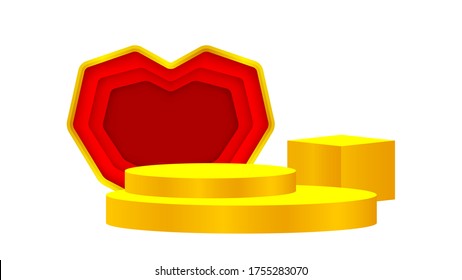luxury pedestal gold 3d and red heart shape, gold pedestal circle box for cosmetics product display show, deluxe golden podium stage show, circle stand of product place decoration isolated on white