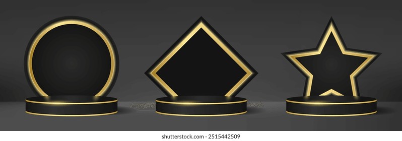 Coleção de pódio de pedestal de luxo para apresentação de produto com linhas de ouro de fundo e acabamento de borda dourada em fundo cinza