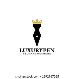 Luxury Pen with Crown Logo Template Design Vector, Emblem, Design Concept, Creative Symbol