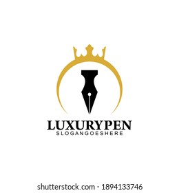 Luxury Pen with Crown Logo Template Design Vector, Emblem, Design Concept, Creative Symbol