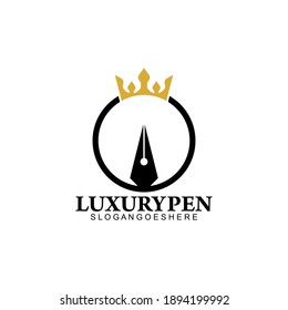 Luxury Pen with Crown Logo Template Design Vector, Emblem, Design Concept, Creative Symbol