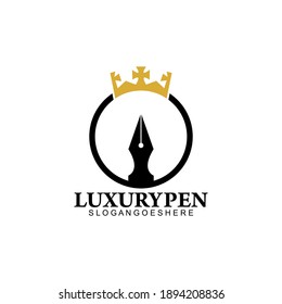 Luxury Pen with Crown Logo Template Design Vector, Emblem, Design Concept, Creative Symbol