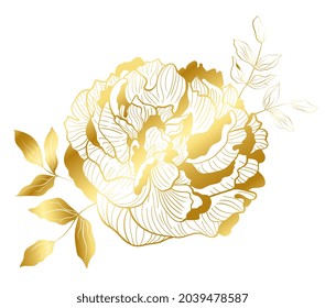 Luxury peony flower with colden line in an Asian trend. Botanical elegance decor for weddings and romantic celebrations, for the design of cosmetics or perfume