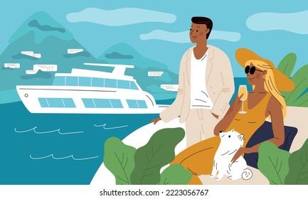 Luxury people life. Rich couple on terrace watching yacht in bay. Tropical sea resort. Woman in wide brimmed hat. Millionaire in suit. Billionaires summer vacation