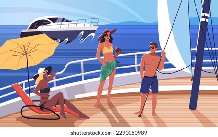 Luxury people life. Young rich guys and girls having fun on yacht, sea summer cruise, happy persons sunbathing on deck, marine vacations, cartoon flat style isolated tidy vector concept