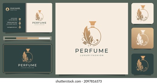 Luxury perfume bottle logo and business card design. bottles perfume spray logo with beauty flower.