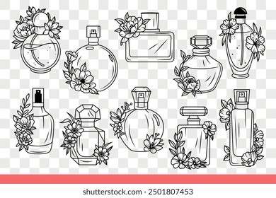 Luxury perfume bottles are decorated with flowers symbolizing natural aroma. Perfume vials with pleasant smell for women who want to be elegant and impress others. Hand drawn doodle