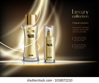 Luxury perfume cosmetics collection realistic advertisement poster with glowing lotion glass spray bottles dark background vector illustration 